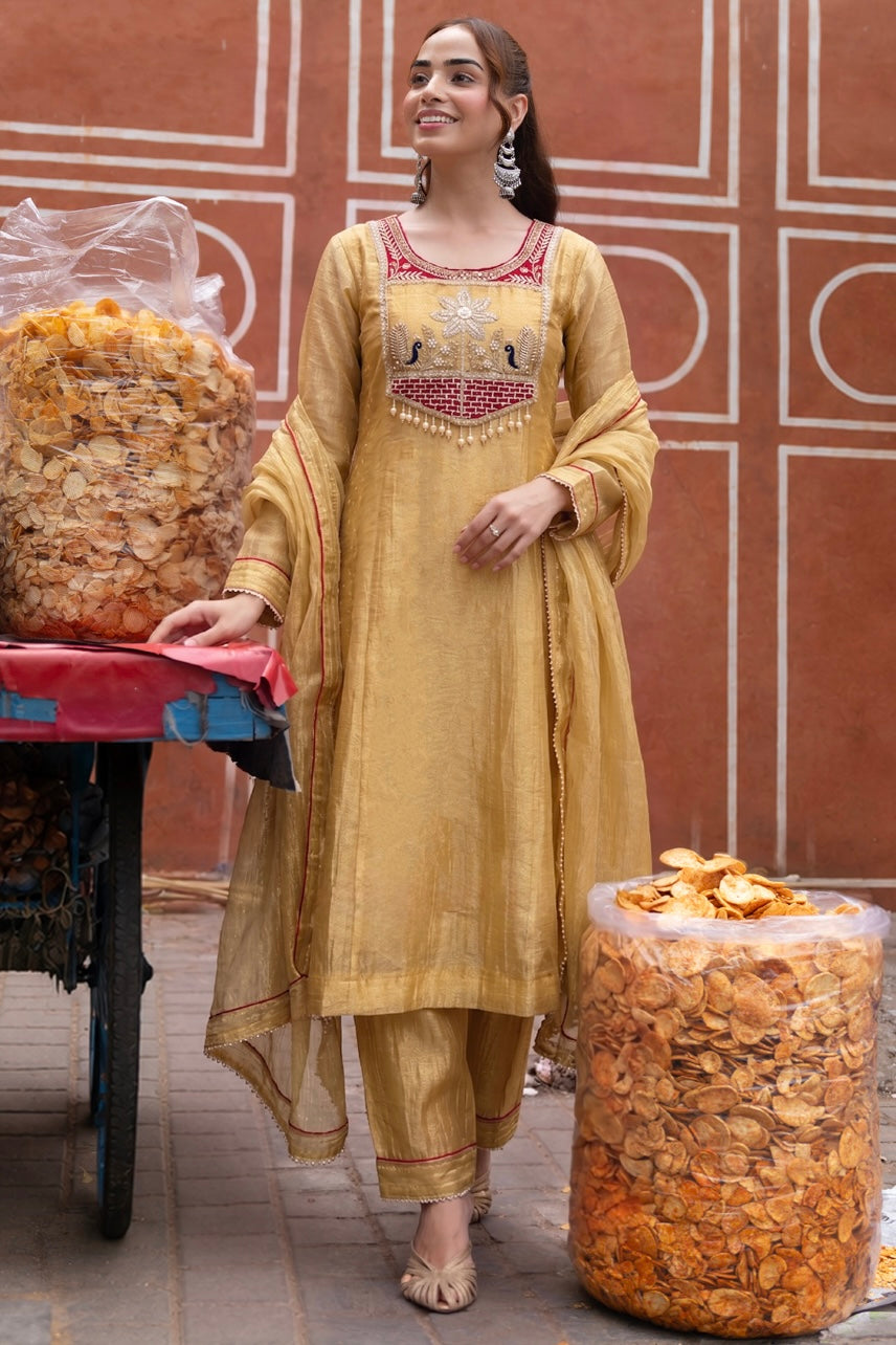 Mustard Gold Embroidered Kurta Set with Maroon Yoke & Dupatta