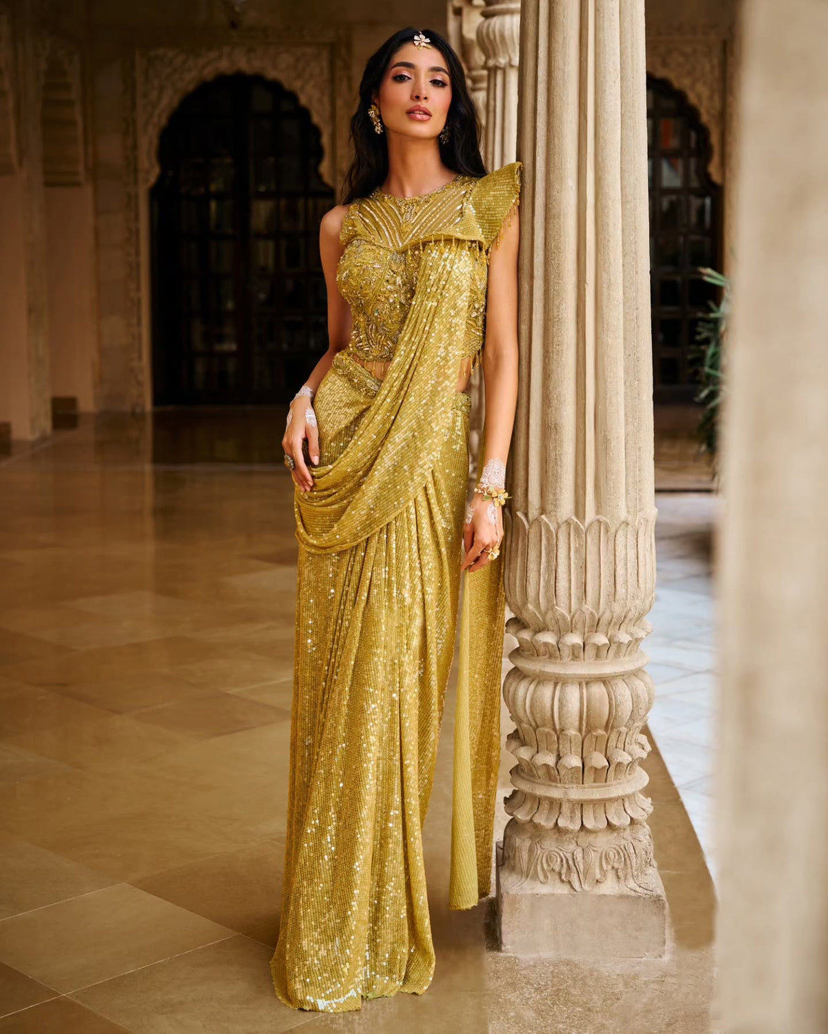 Mustard Gold Sequin Drape Set