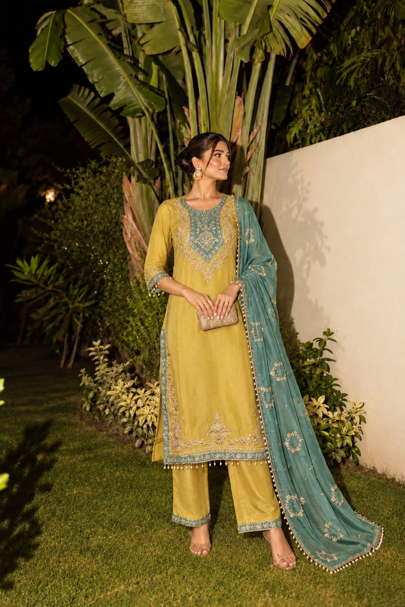 Mustard Gold & Teal Premium Silk Embroidered Suit Set