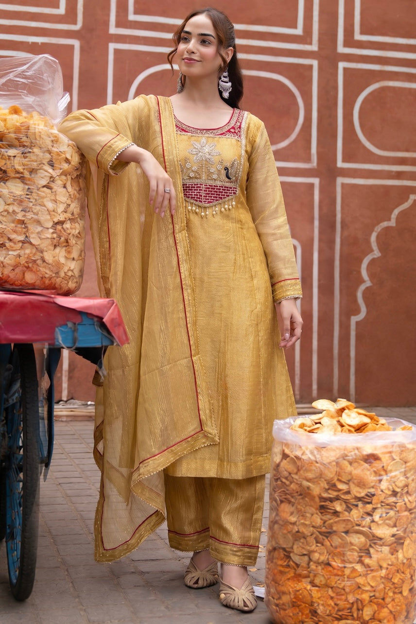Mustard Gold Embroidered Kurta Set with Maroon Yoke & Dupatta