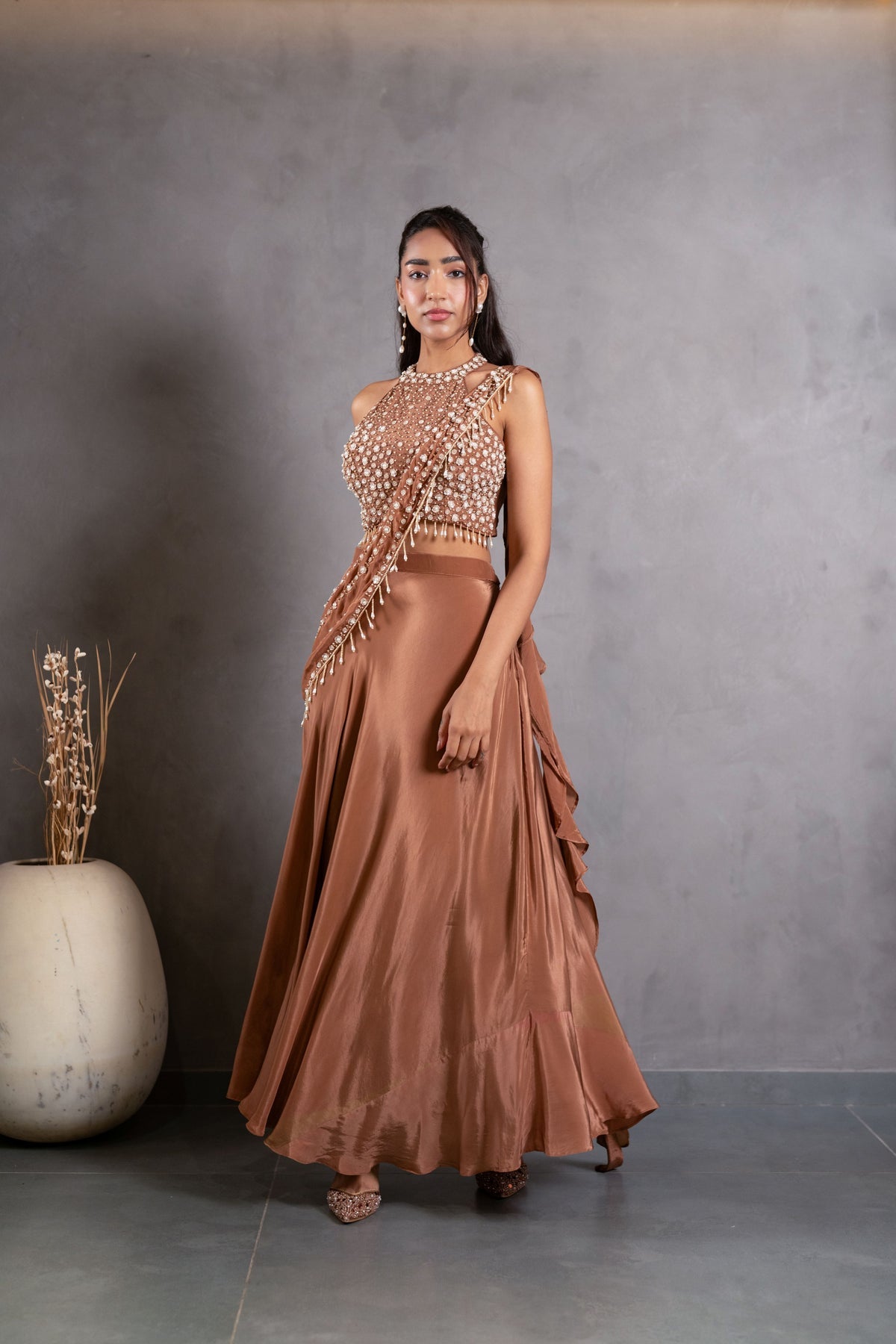 Mocha Bronze Embellished Drape Skirt Set