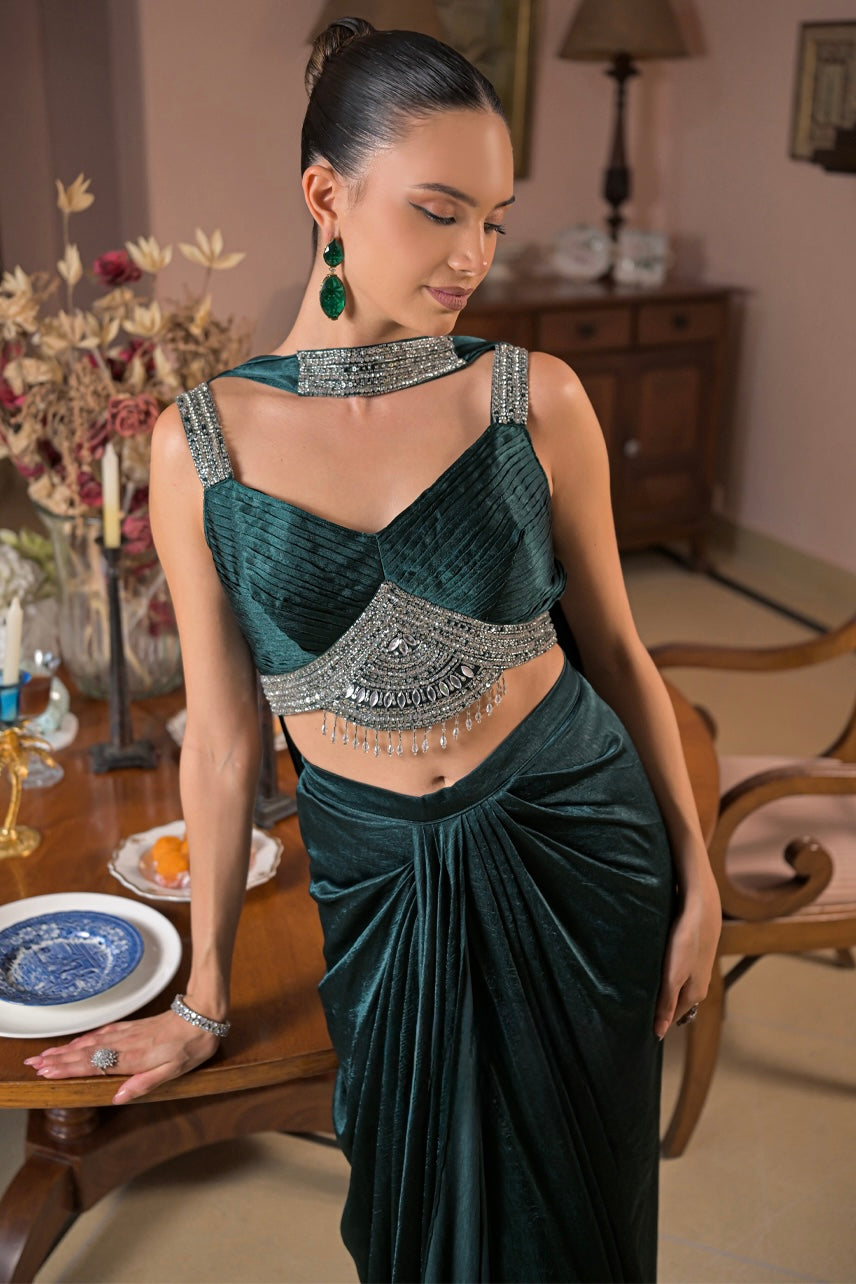 Emerald Green Draped Saree Set with Embellished Bustier