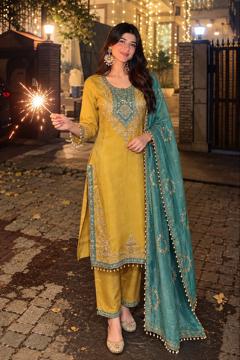 Mustard Gold & Teal Premium Silk Embroidered Suit Set
