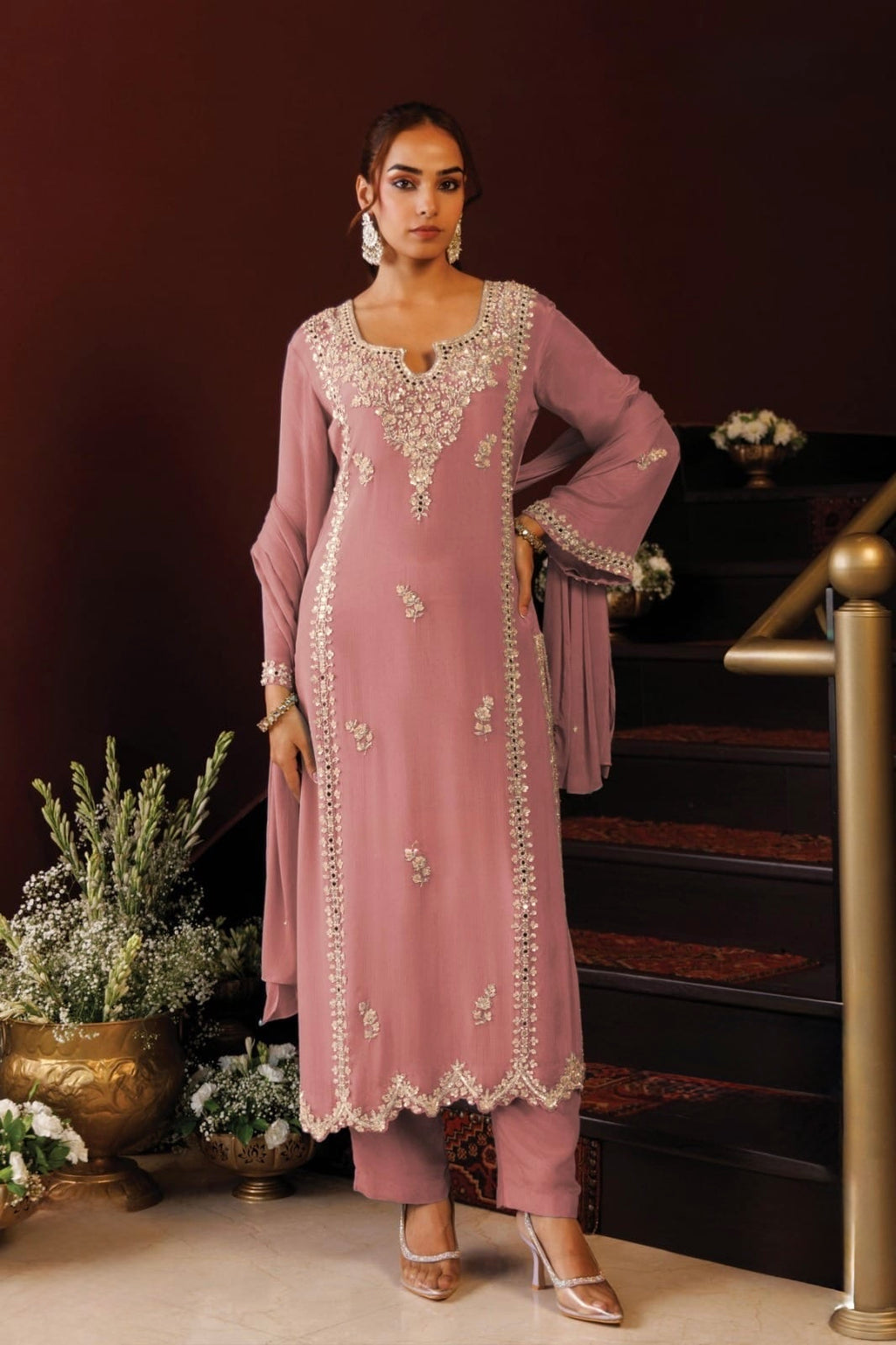 Dusty Rose Embroidered Kurta Set