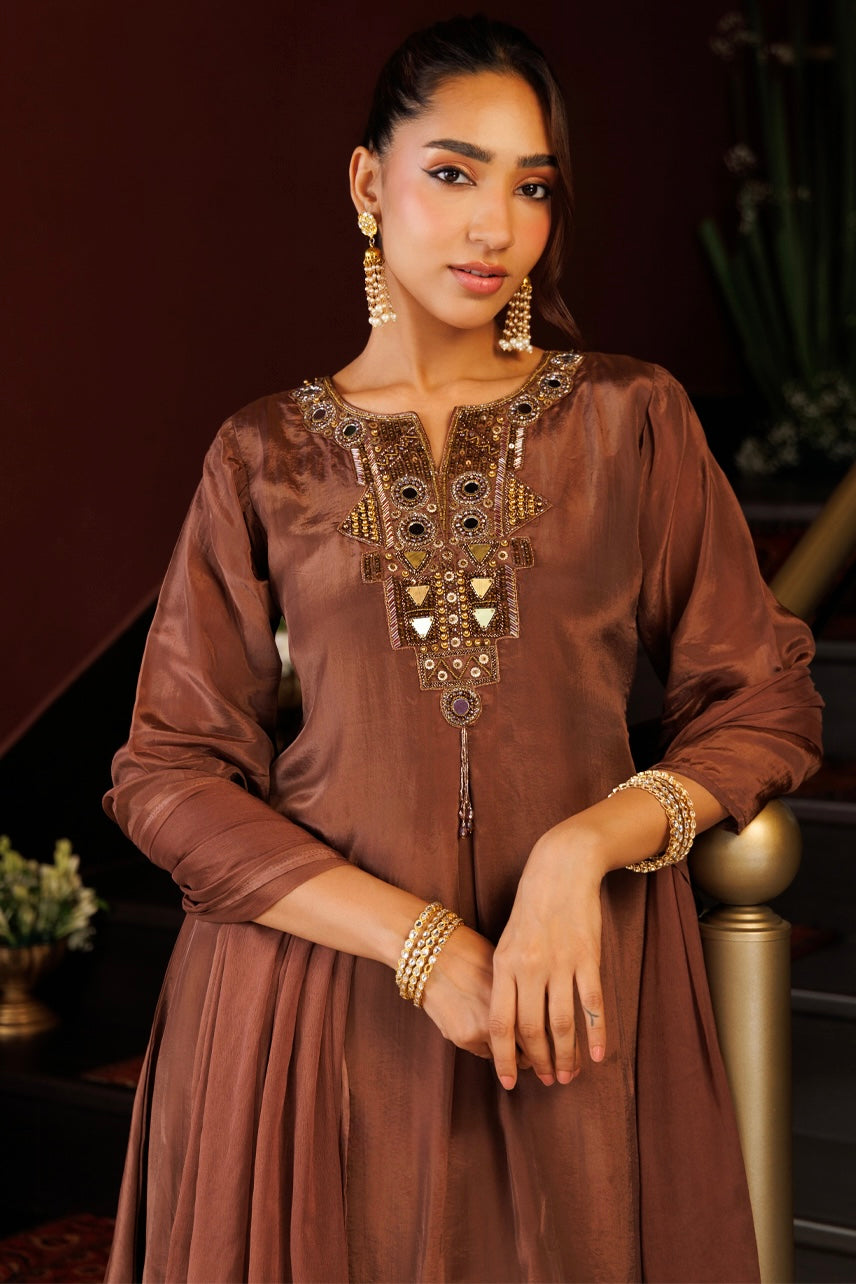 Mocha Mirrorwork Embroidered Kurta Set