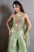 Pastel Green Embroidered Peplum Top with Palazzo Pants & Dupatta Set