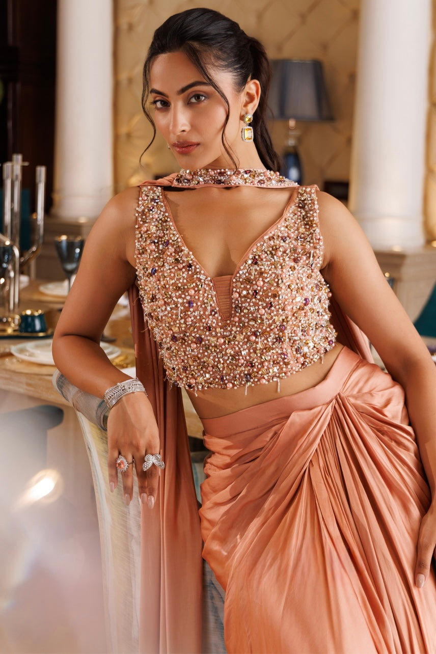 Peach Blush Embellished Blouse & Skirt Set