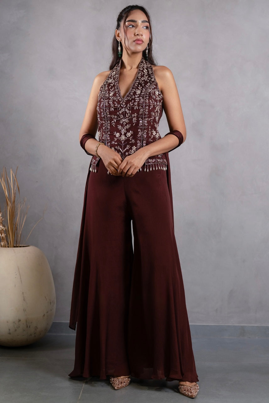 Wine Embroidered Halter Neck Top with Palazzo Pants & Dupatta Set