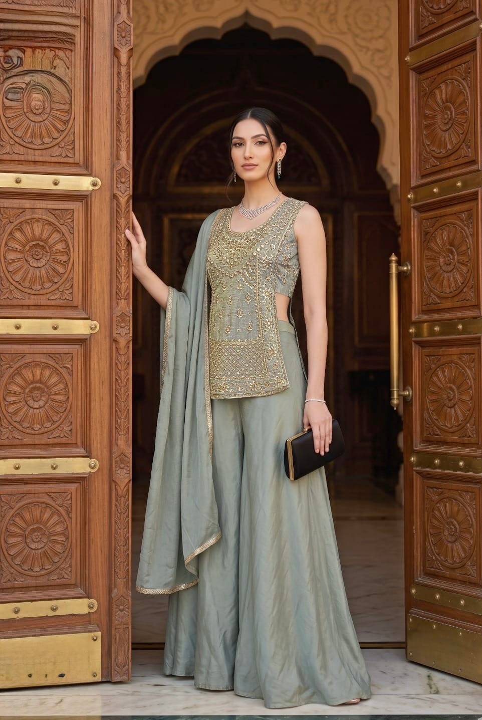 Sage Serenity Embroidered Palazzo Set
