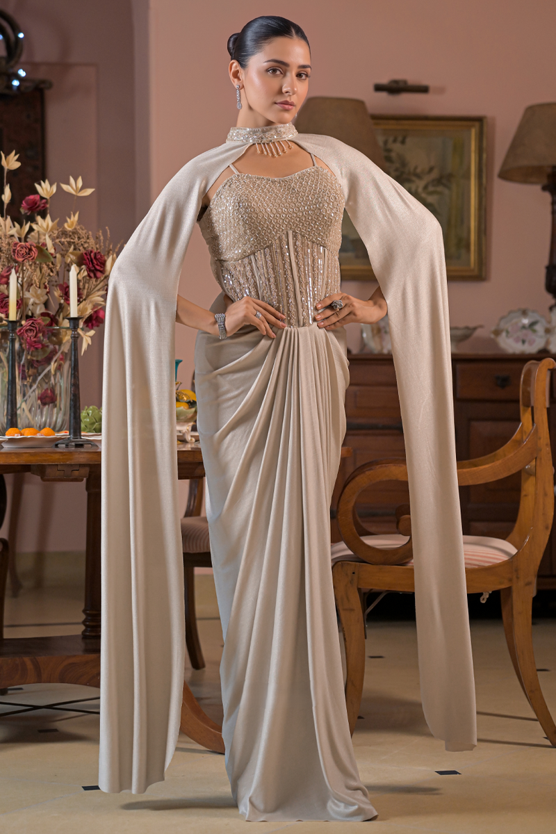 Pearl Embellished Corset with Draped Skirt & Statement Cape