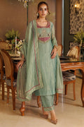 Sage Green Embellished Kurta Set with Maroon Yoke, Straight Pants & Dupatta