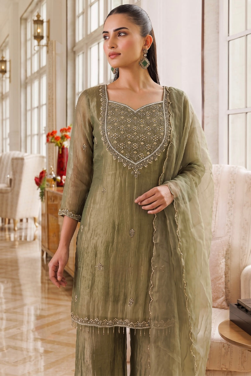 Olive Mist Embroidered Sharara Set