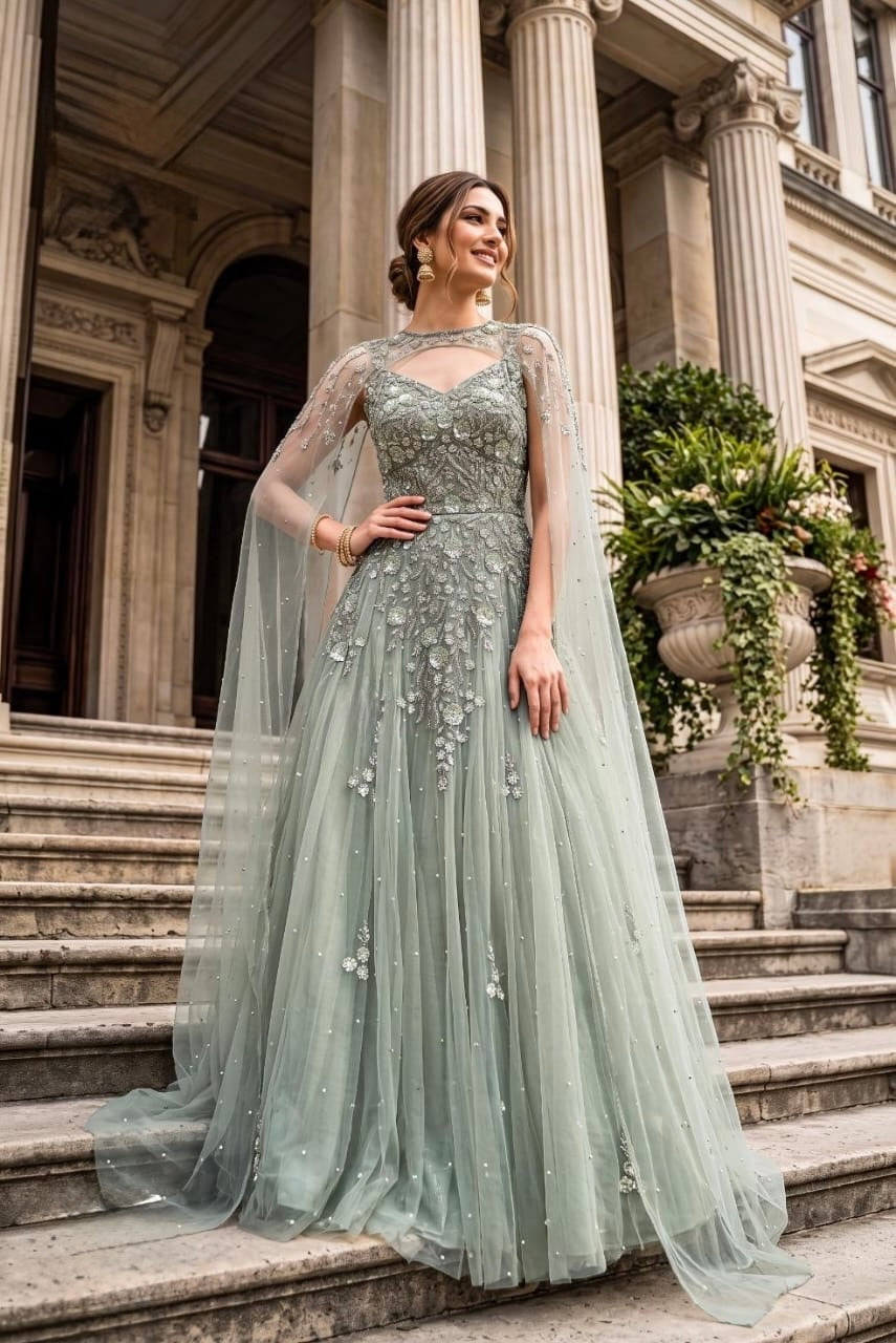Handworked Flared Gown with Sheer Cape