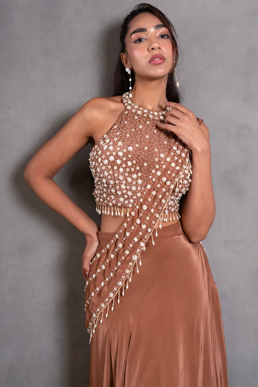 Mocha Rose Embellished Pre-Draped Saree