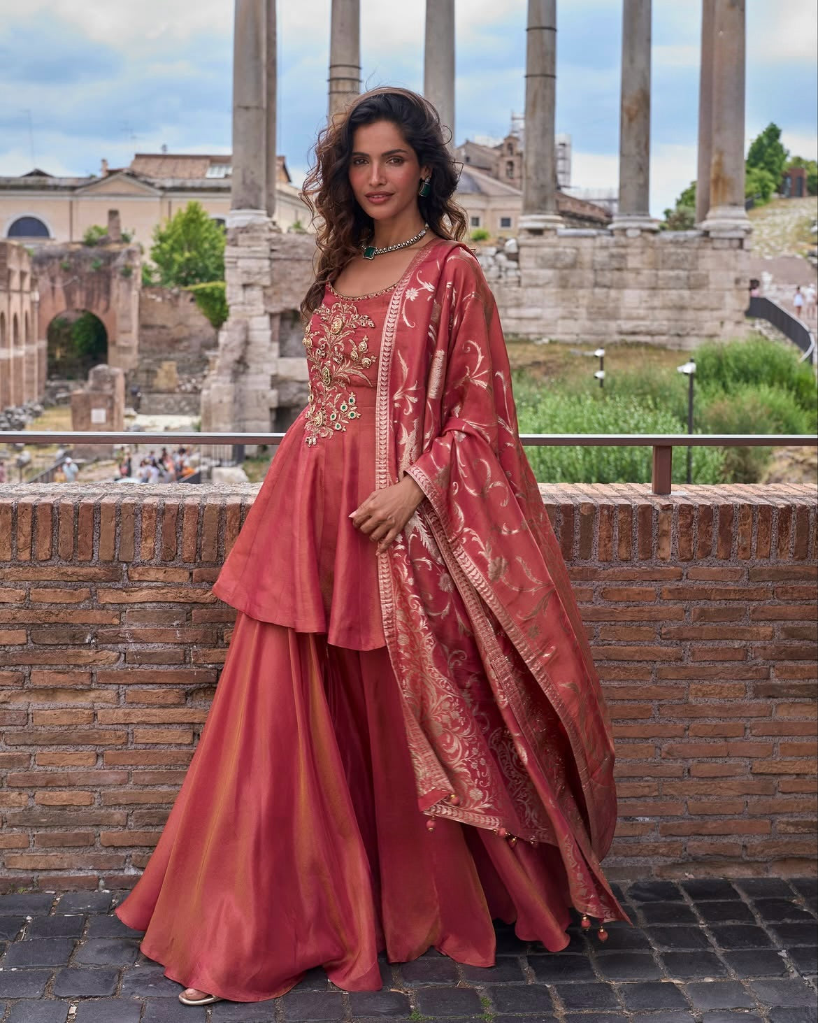 Rose Pink Embroidered Anarkali Palazzo Set with Printed Dupatta
