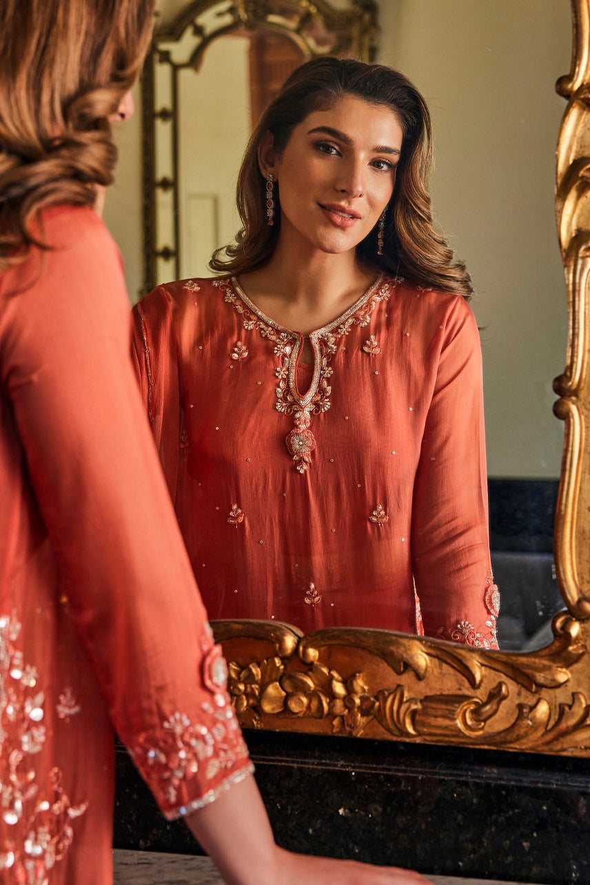 Coral Blush Embroidered Suit Set