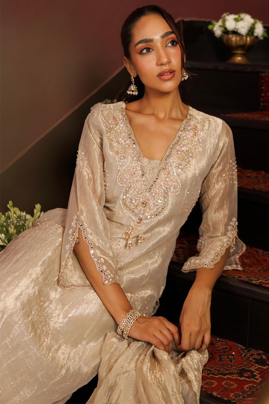 Champagne Embroidered Kurta Pant Set with Dupatta