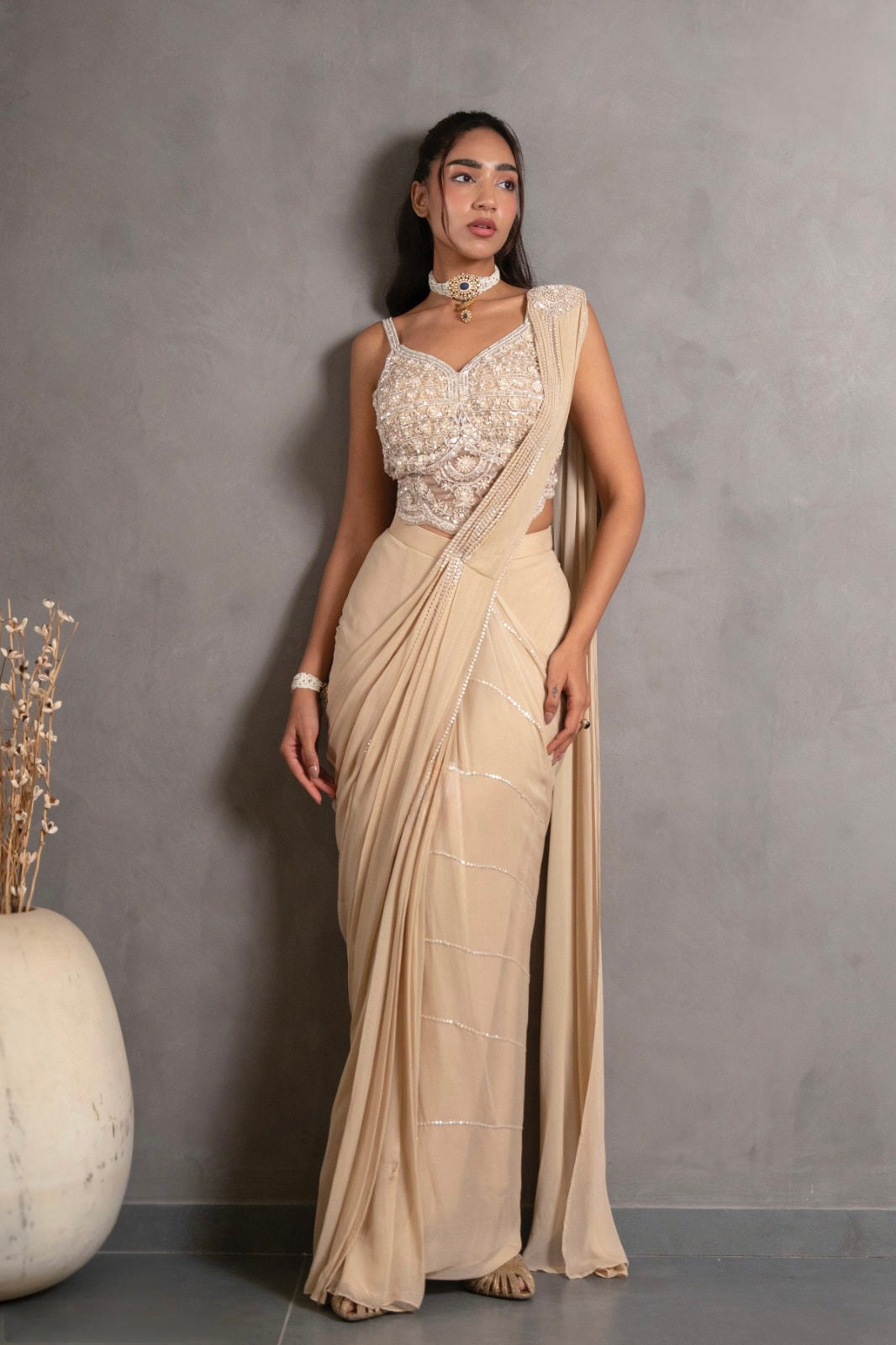 Champagne Pearl-Drape Pre-Stitched Saree