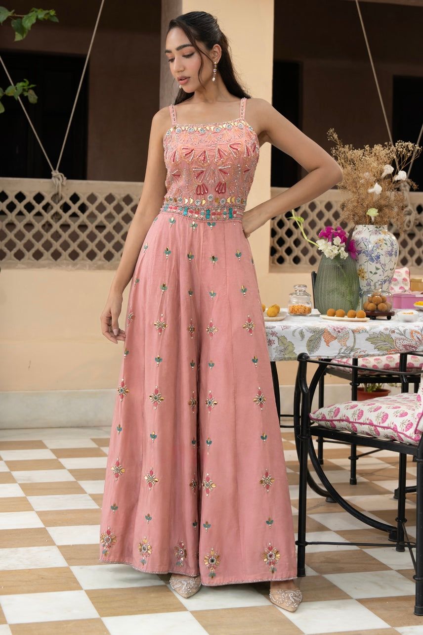 Blush Pink Embroidered Flared Co-ord Set