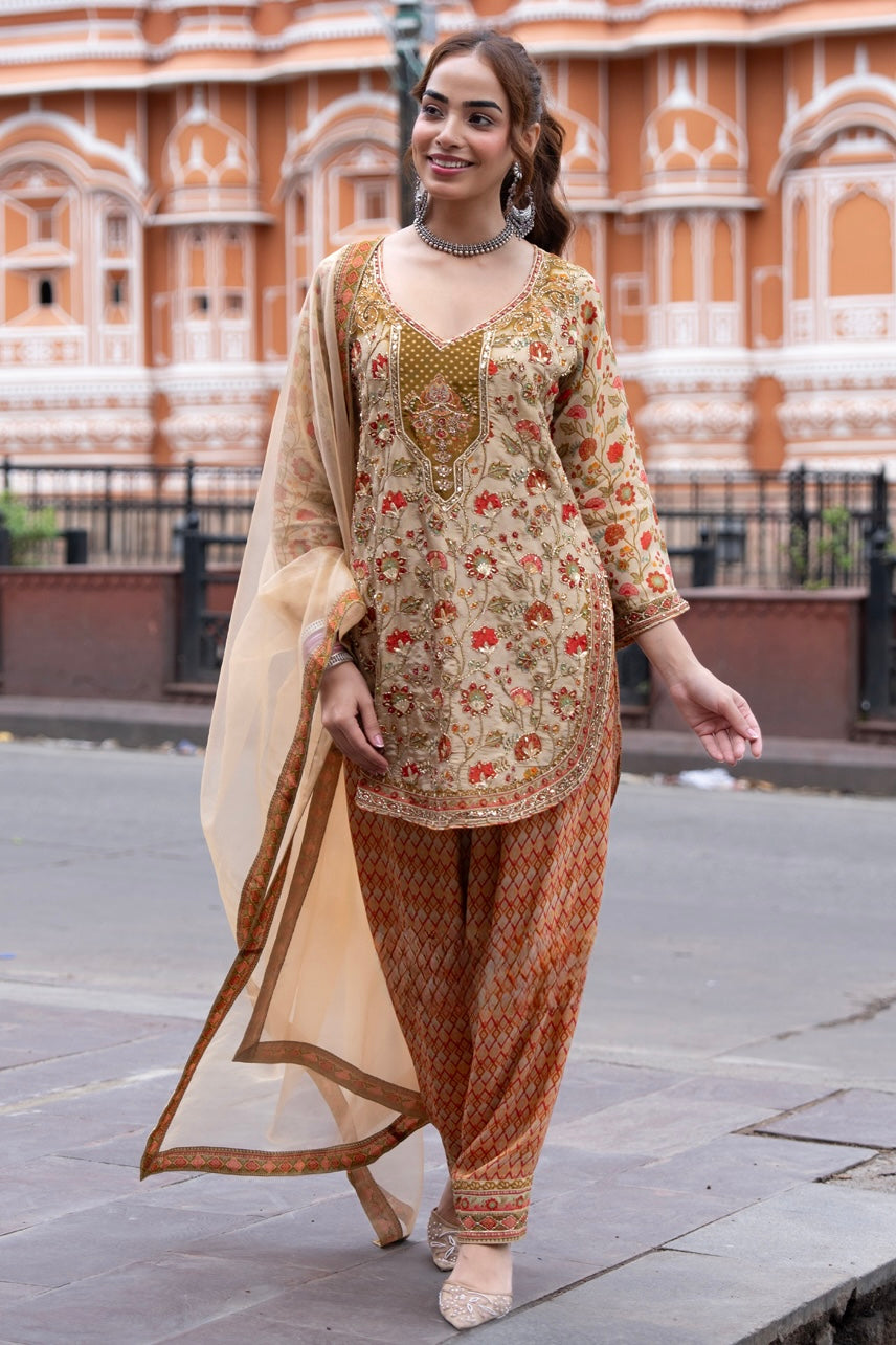 Floral Embroidered Kurta with Printed Pants & Dupatta Set