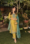 Mustard Gold & Teal Premium Silk Embroidered Suit Set