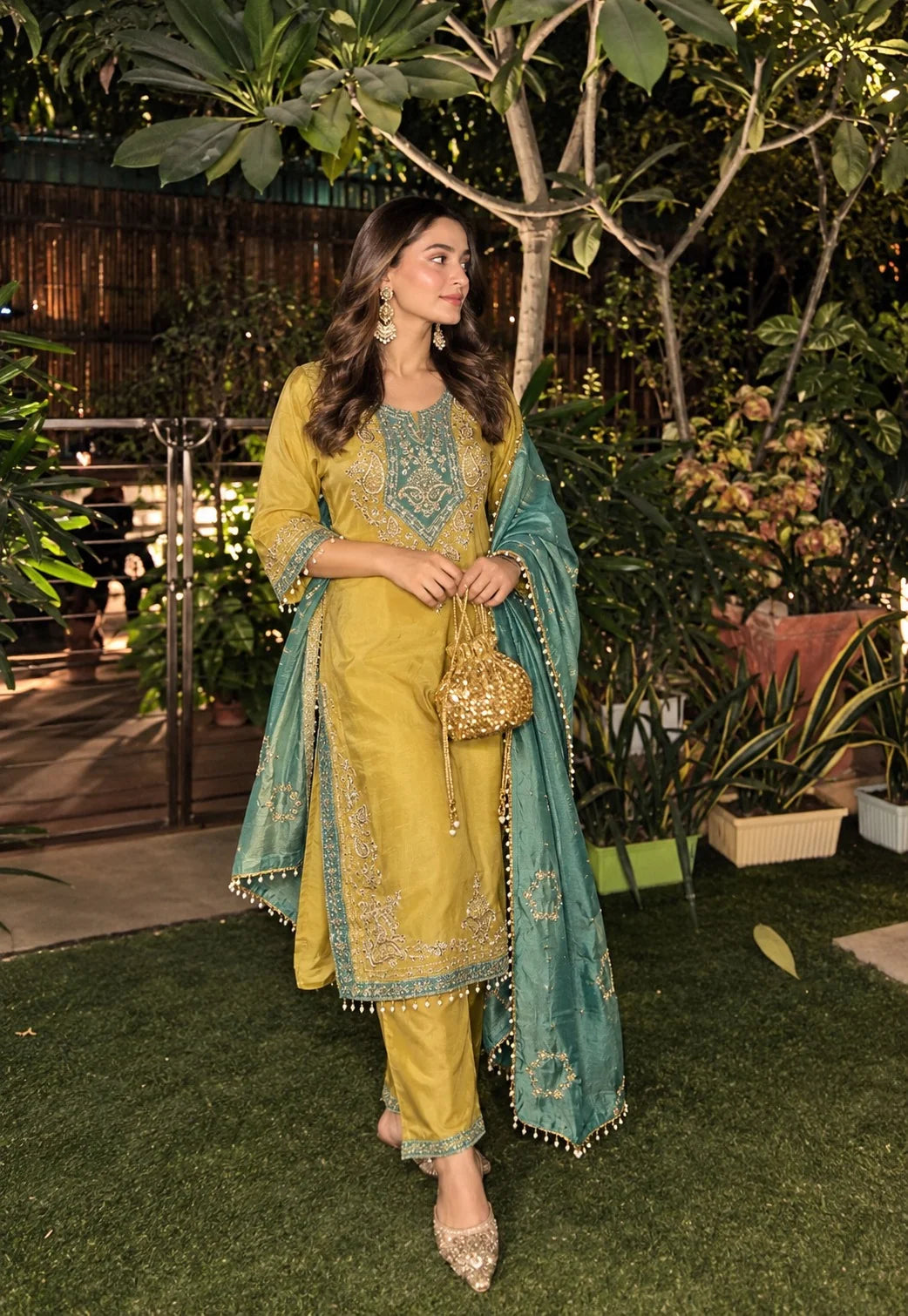 Mustard Gold & Teal Premium Silk Embroidered Suit Set