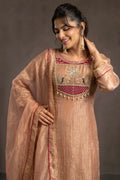 Peach Gold Embroidered Kurta Set with Maroon Yoke & Dupatta