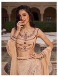Champagne Gold Draped Lehenga Set with Multicolour Embellished Blouse & Sheer Dupatta