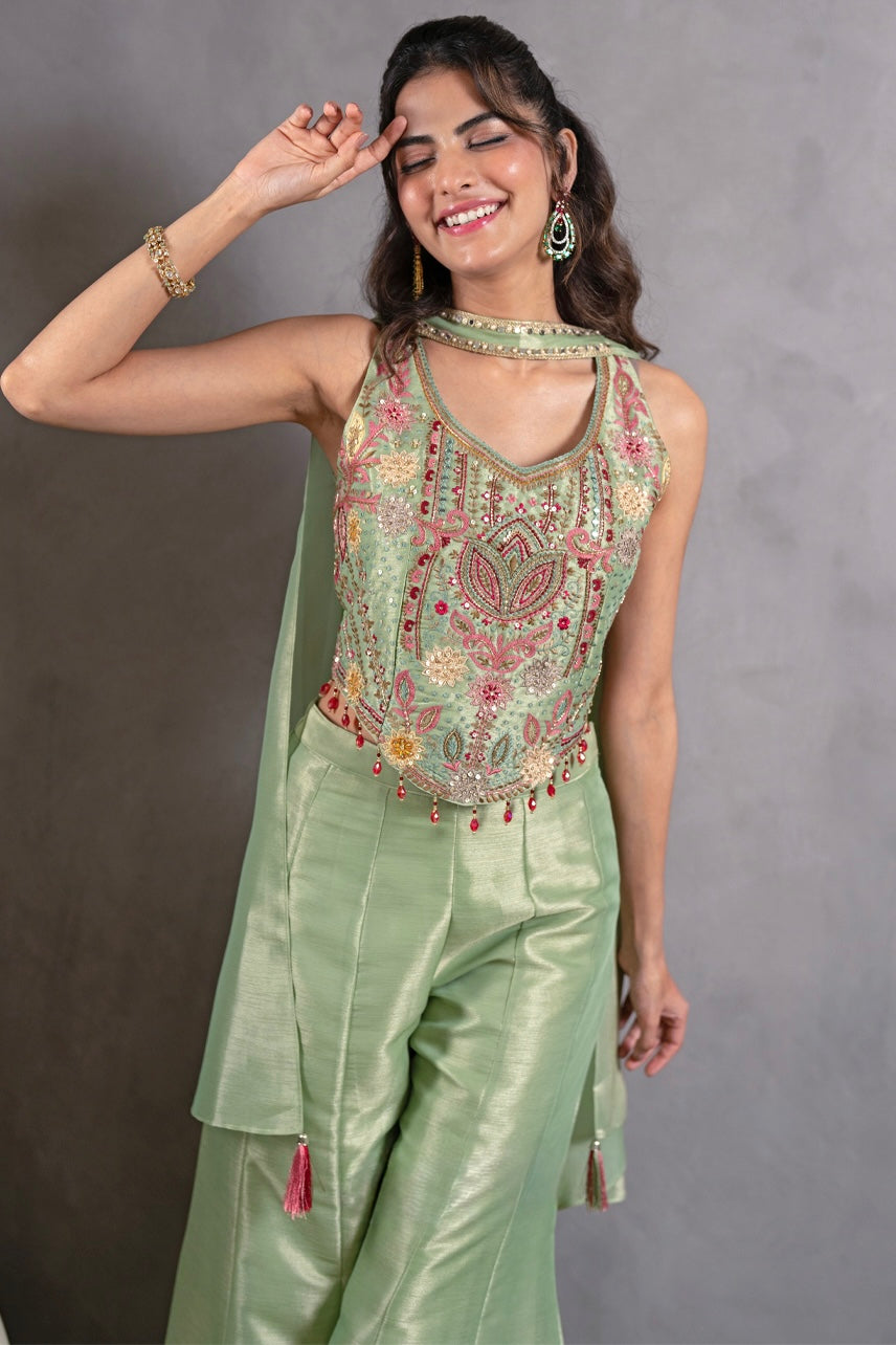 Pastel Green Embroidered Peplum Top with Palazzo Pants & Dupatta Set