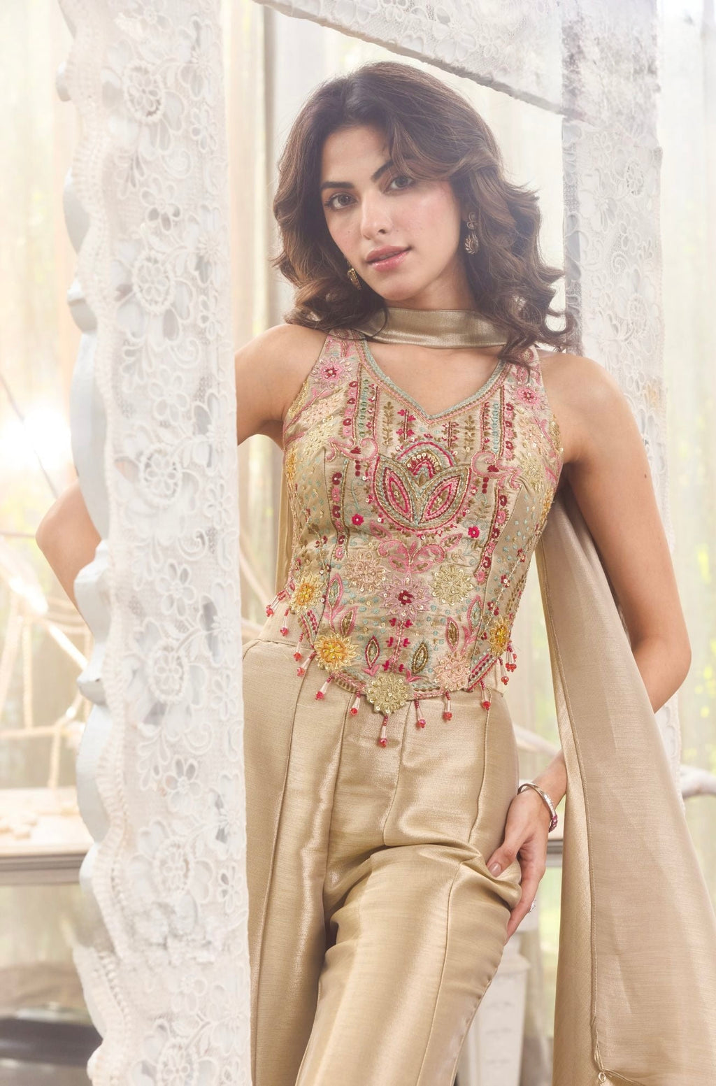 Champagne Embroidered Corset & Flared Pants Set with Dupatta