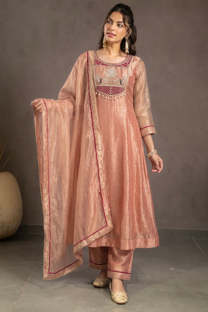 Peach Gold Embroidered Kurta Set with Maroon Yoke & Dupatta