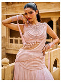 Blush Pink Pearl Draped Lehenga Set with Statement Embellished Blouse