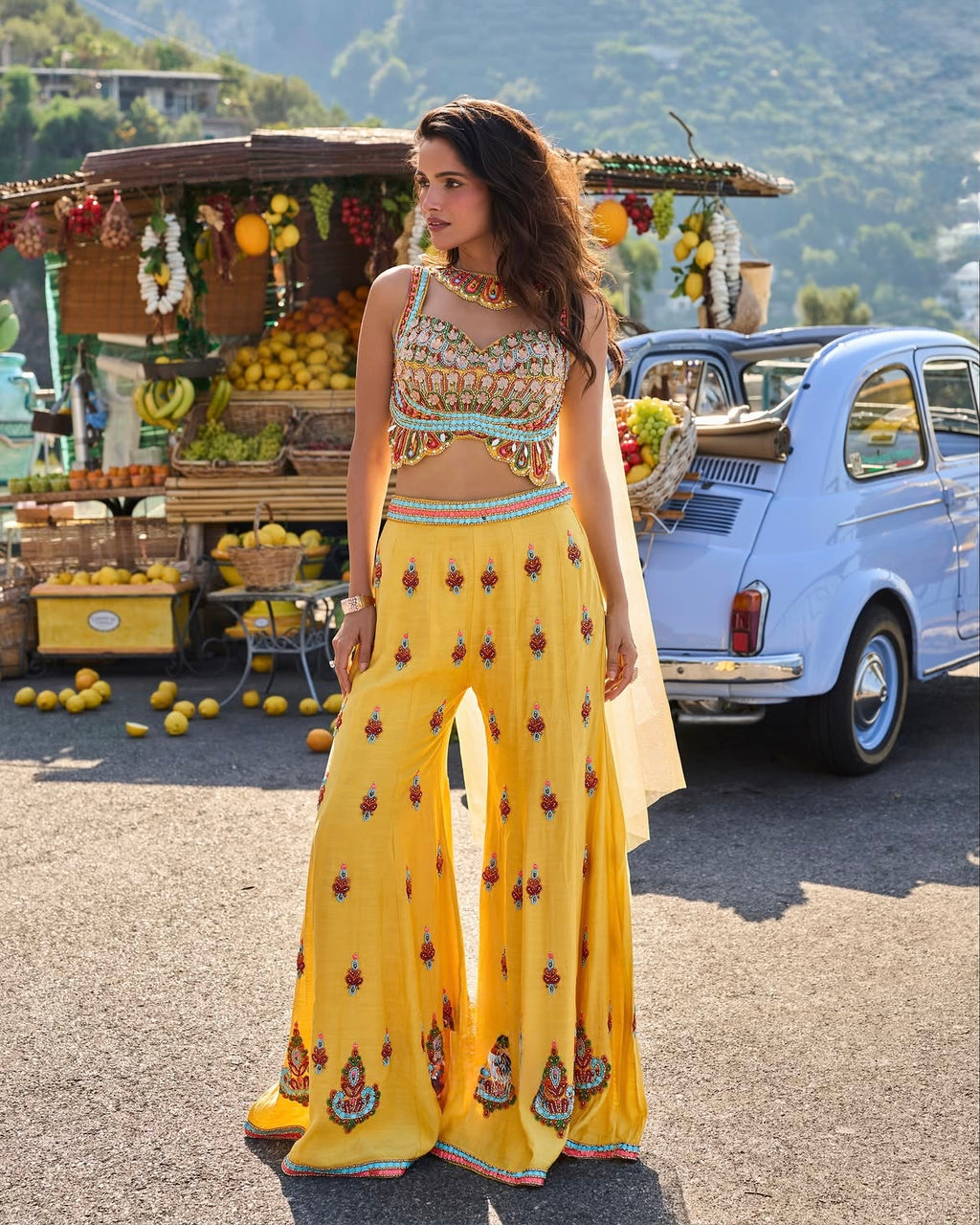 Mustard Yellow Multicolour Embroidered Palazzo Set