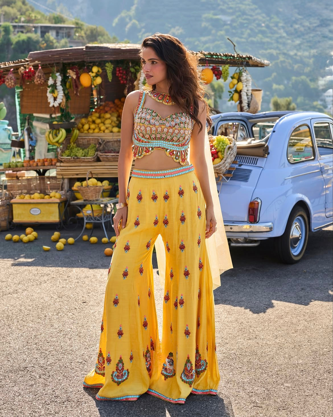 Mustard Yellow Multicolour Embroidered Palazzo Set