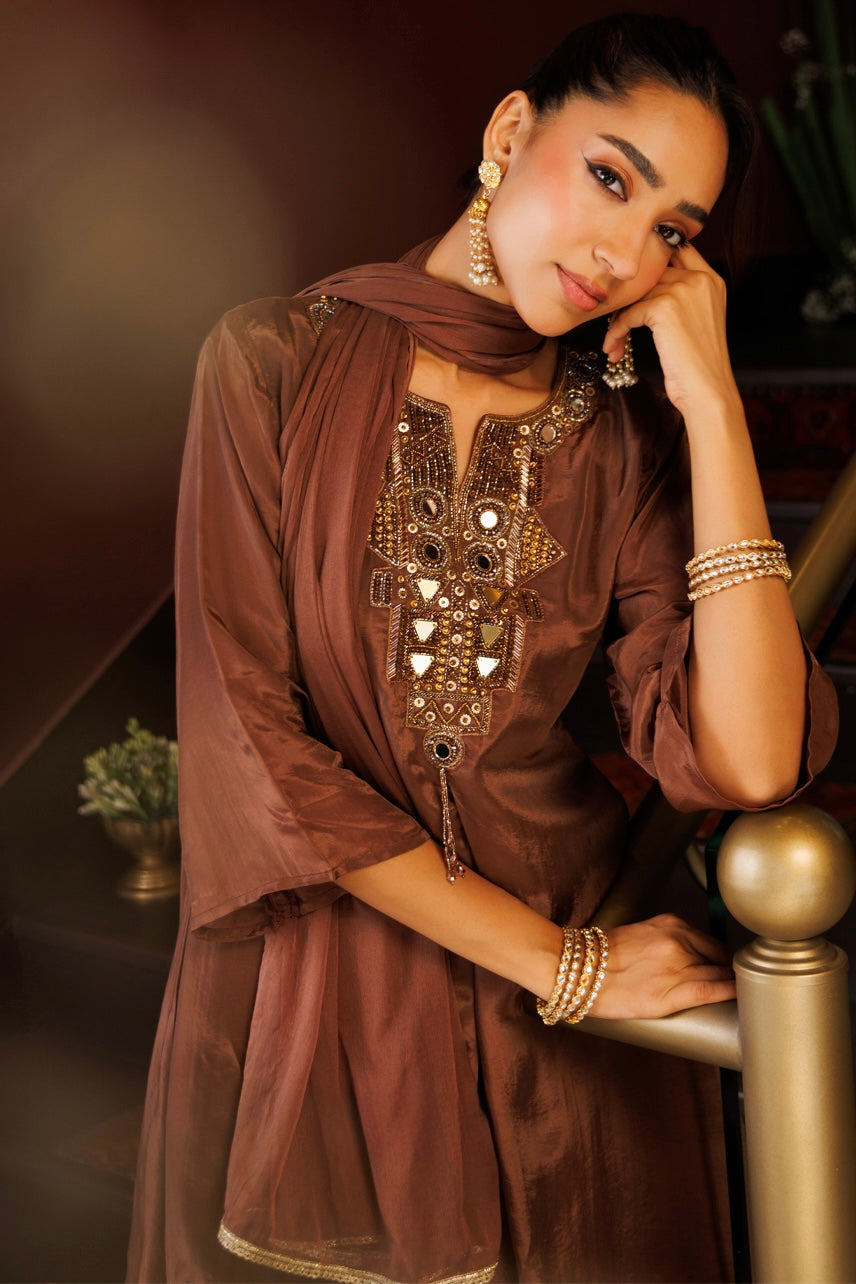 Mocha Mirrorwork Embroidered Kurta Set