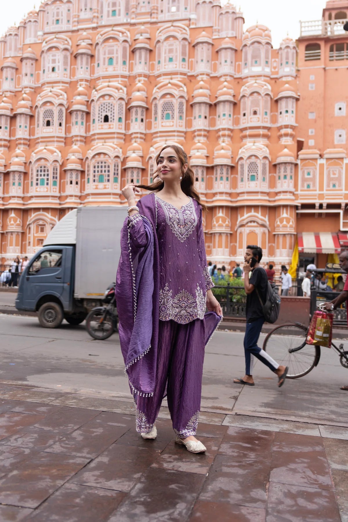 Purple Embroidered Kurta Palazzo Set with Dupatta