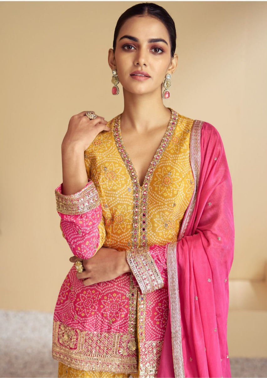Astonishing Yellow Pink Bandhani Dress