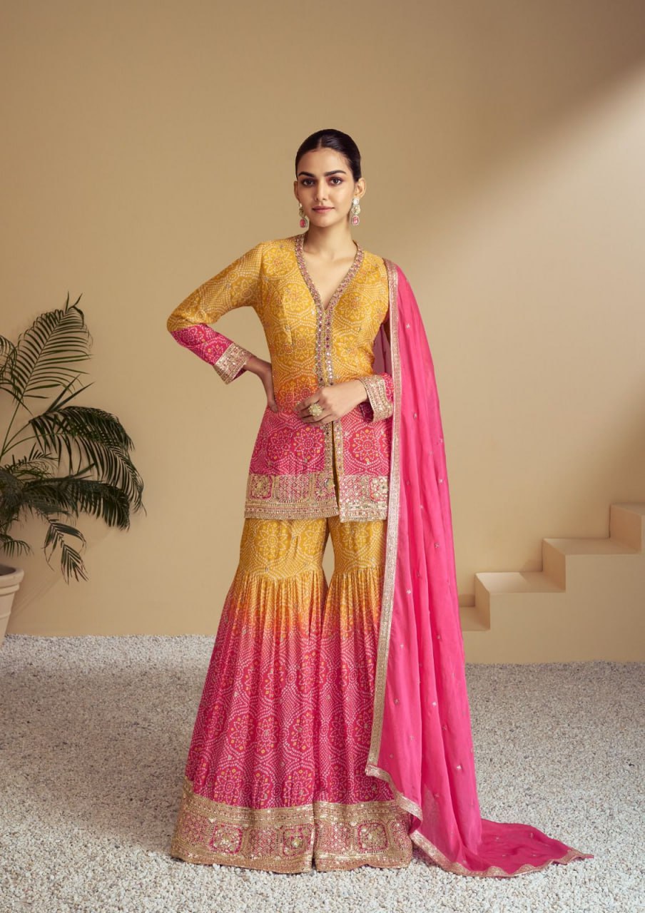 Astonishing Yellow Pink Bandhani Dress