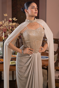 Pearl Embellished Corset with Draped Skirt & Statement Cape