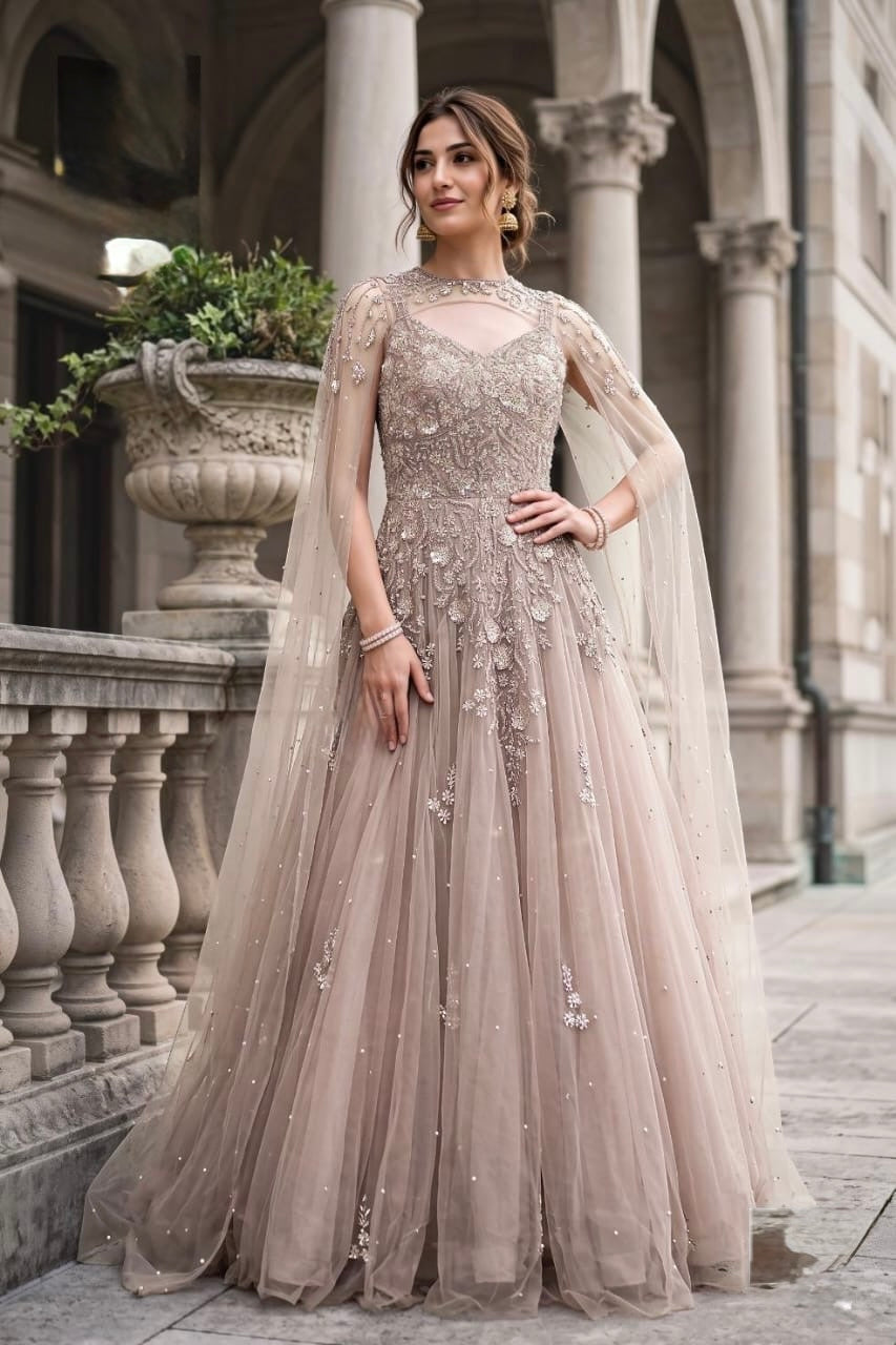 Handworked Flared Gown with Sheer Cape