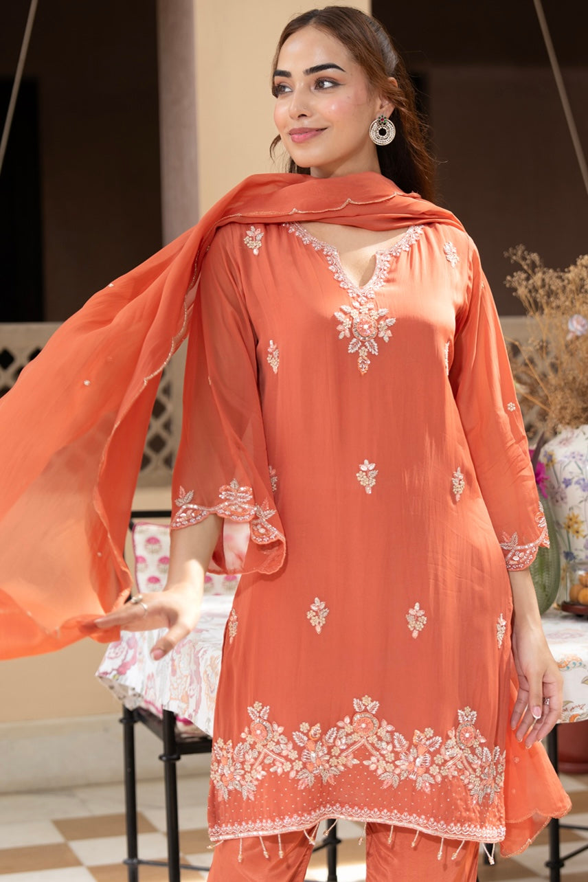 Coral Bloom Embroidered Kurta Set