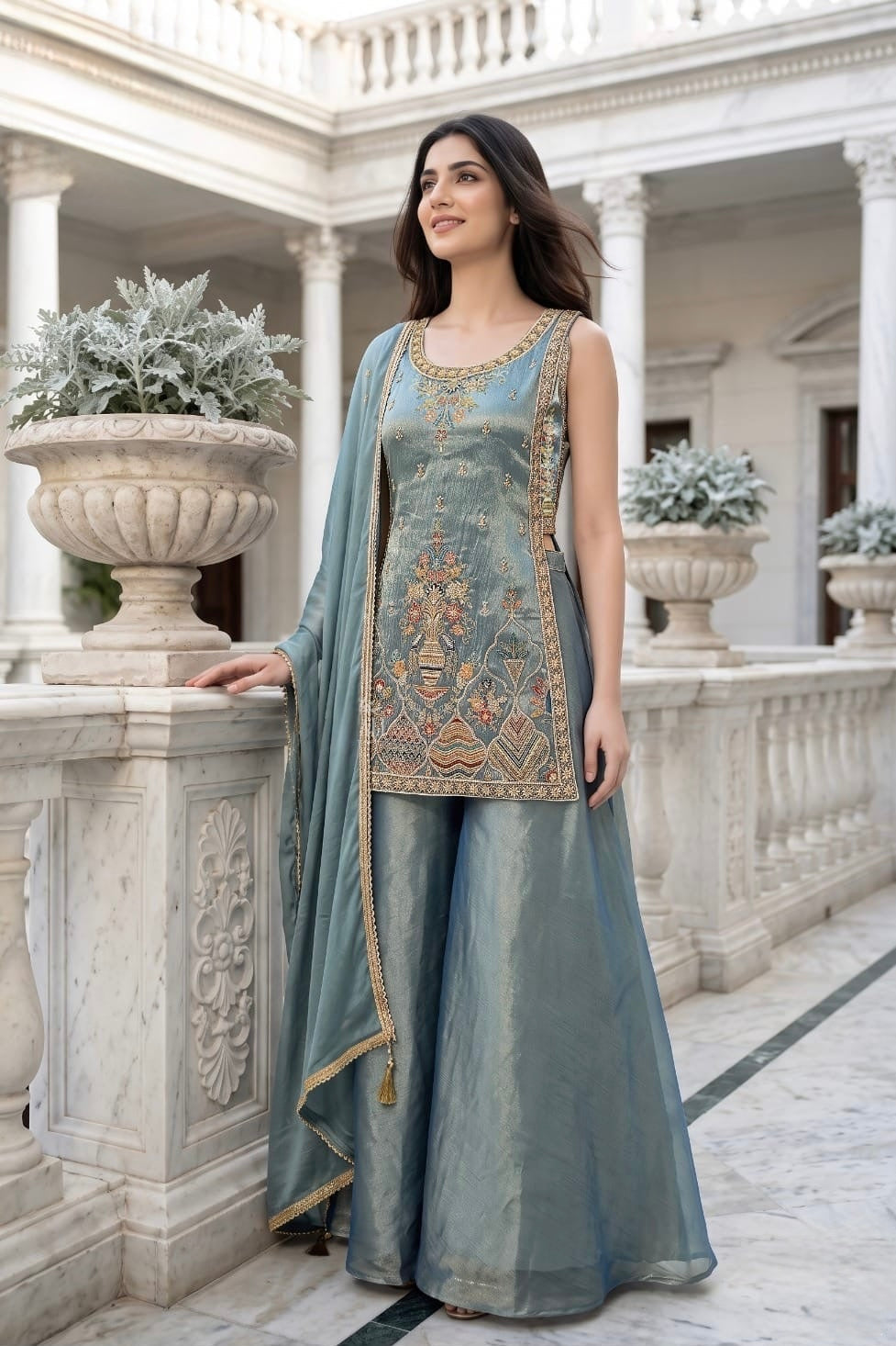 Sage Blue Heritage Embroidered Suit Set