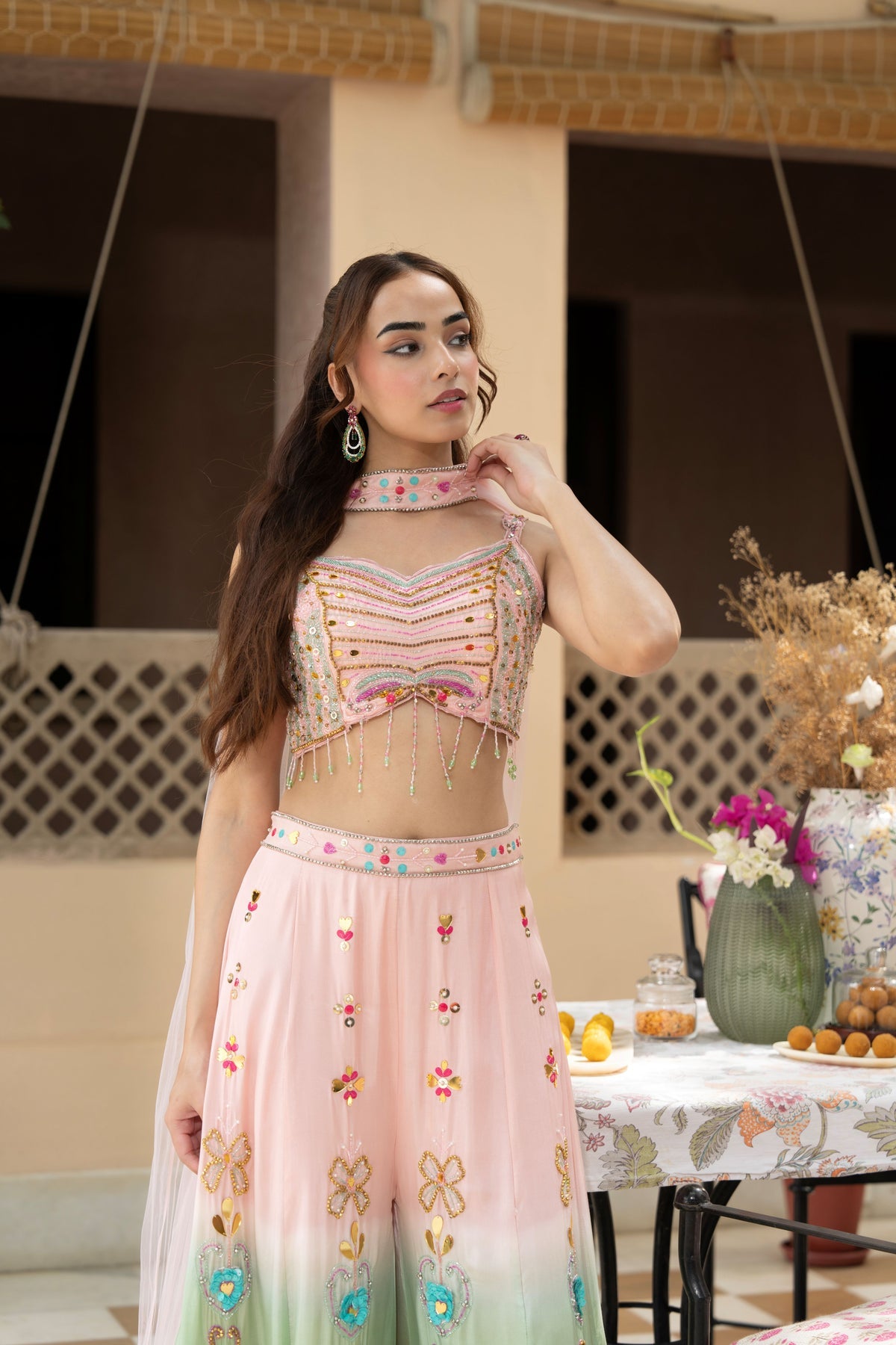 Pastel Pink & Mint Green Embroidered Lehenga Set