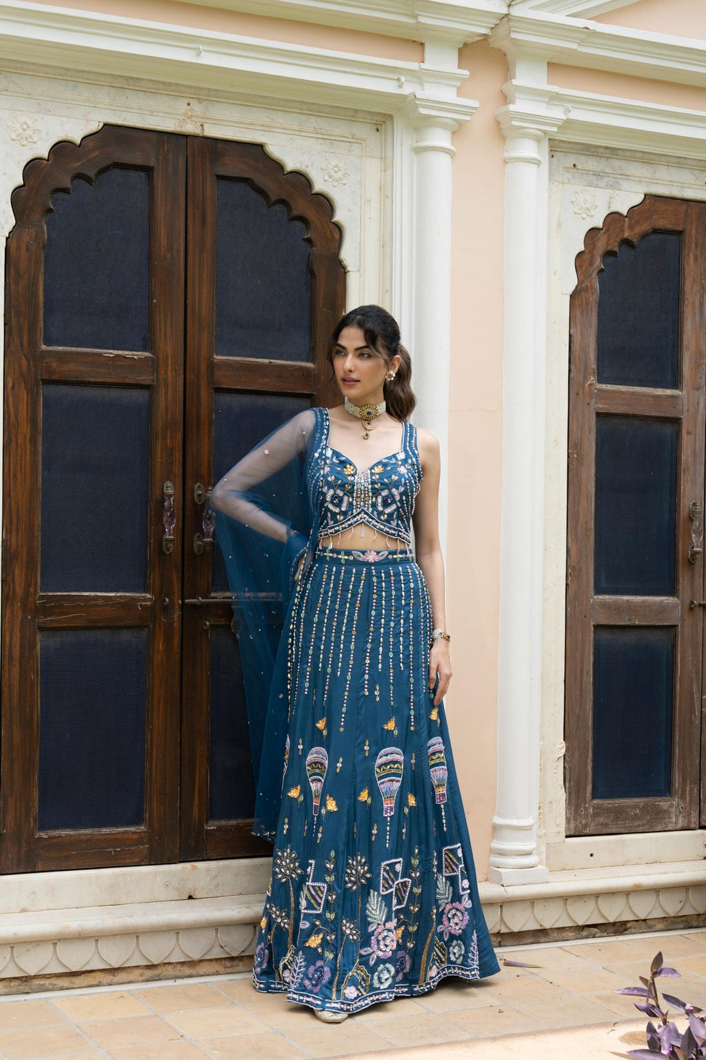 Royal Blue Floral Embroidered Lehenga Set