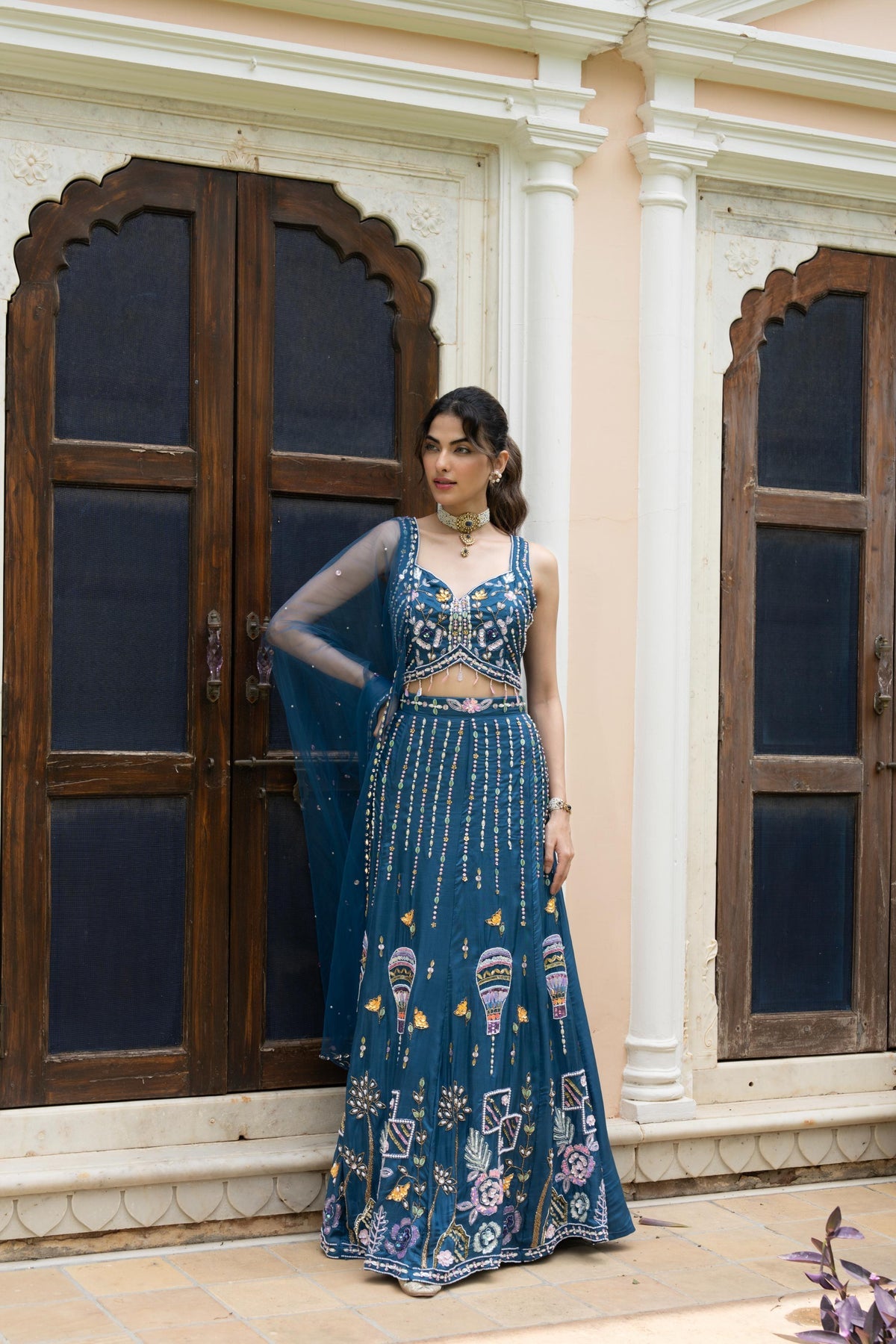 Royal Blue Floral Embroidered Lehenga Set