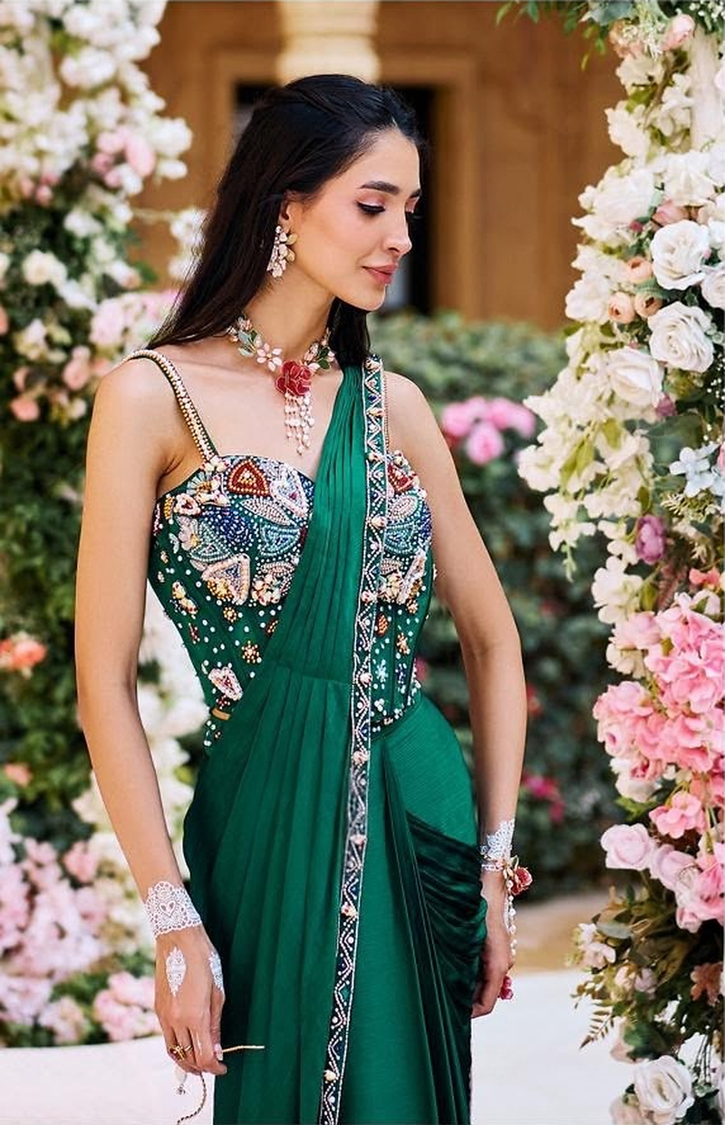 Emerald Green Pre-Draped Saree with Multicolour Embellished Corset Blouse