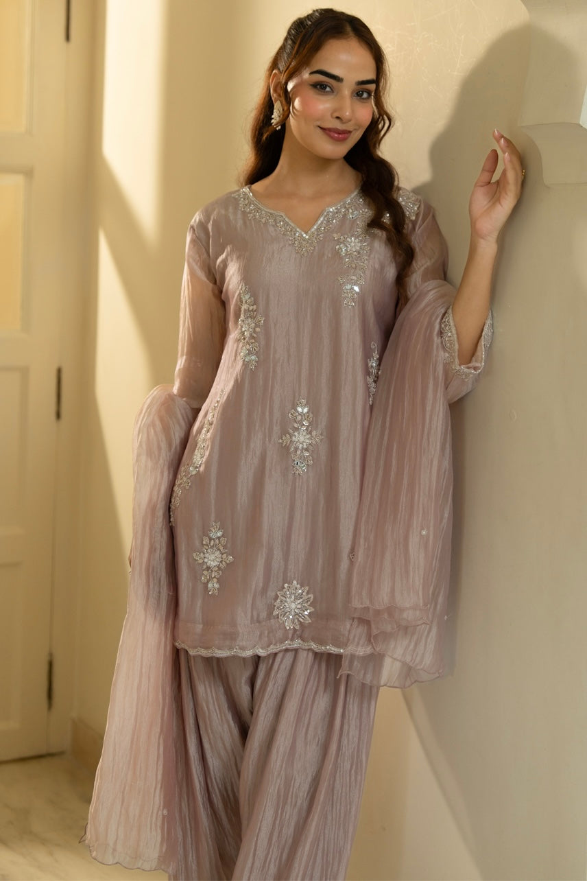 Mauve Pearl Embroidered Farshi Suit