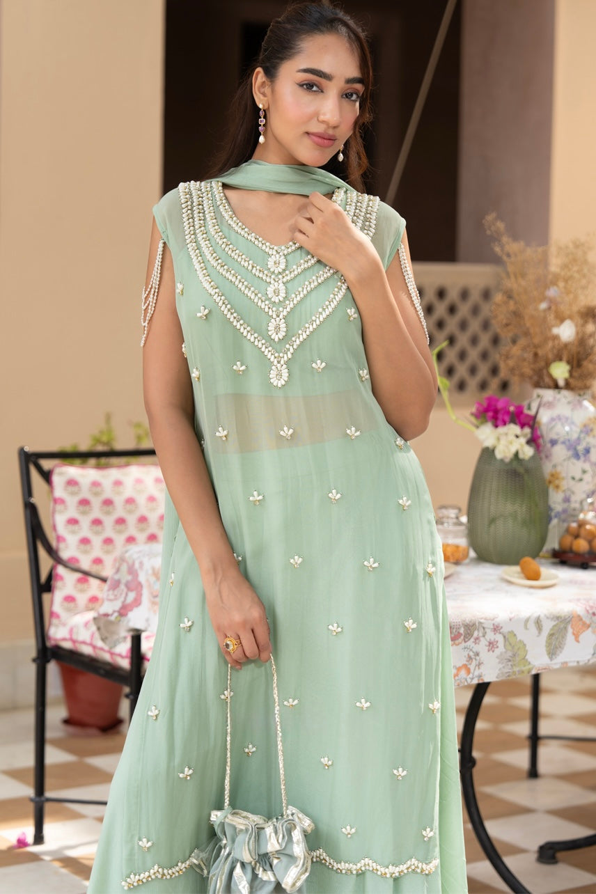 Mint Pearl Cascade Anarkali Set