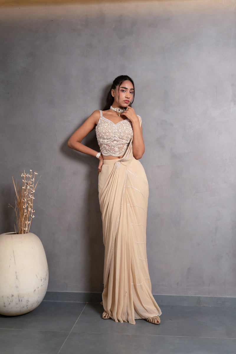Champagne Pearl-Drape Pre-Stitched Saree