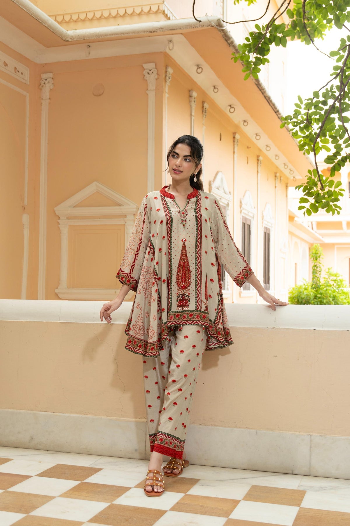 Ivory & Red Heritage Print Flared Kurta Set